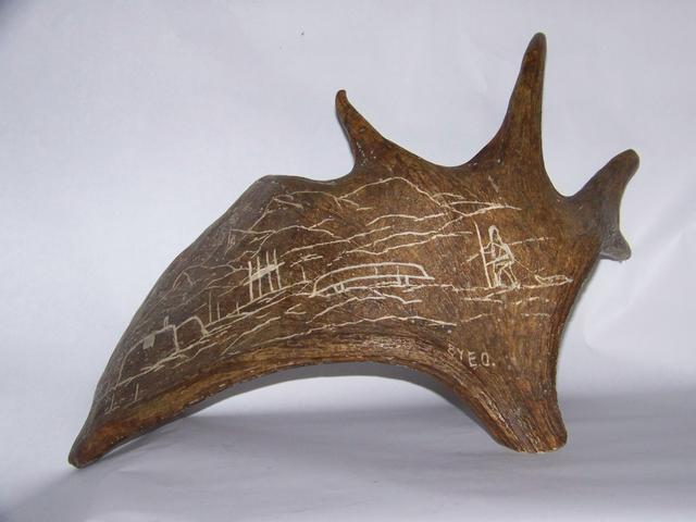 Inuit Carved Picture on Moose Horn Signed E O item ai5412